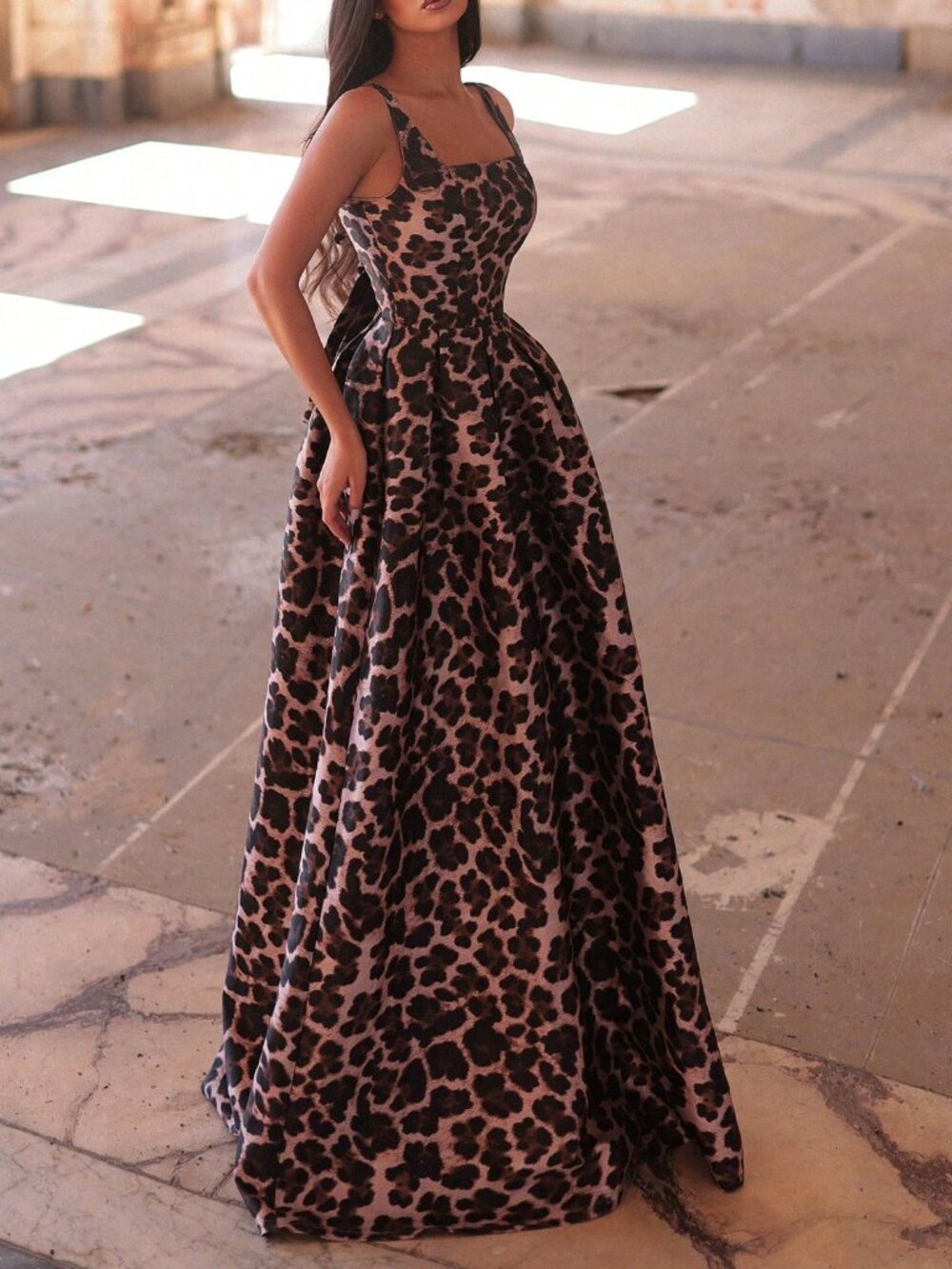 Leopard Print Women's square neck formal maxi dress